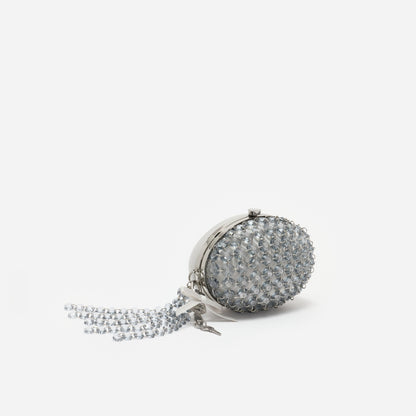 Gri Kristal ve Fiyonk Detaylı Oval Clutch Çanta