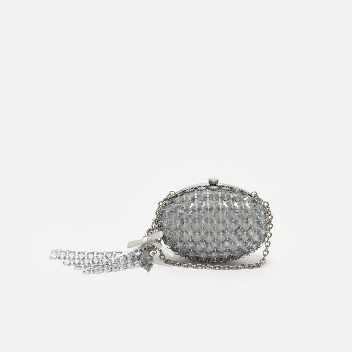 Gri Kristal ve Fiyonk Detaylı Oval Clutch Çanta