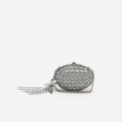 Gri Kristal ve Fiyonk Detaylı Oval Clutch Çanta