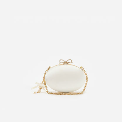Krem Saten Oval Clutch Çanta