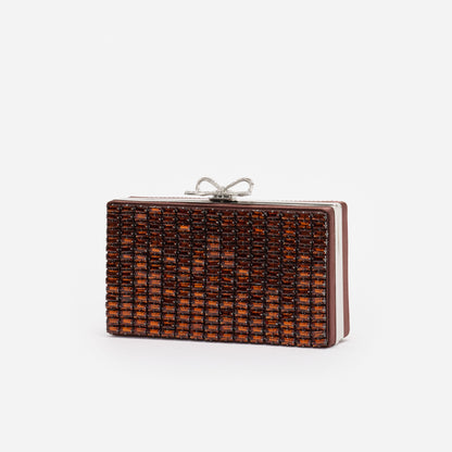 Kahverengi Kristal Fiyonk Detaylı Mini Clutch Çanta