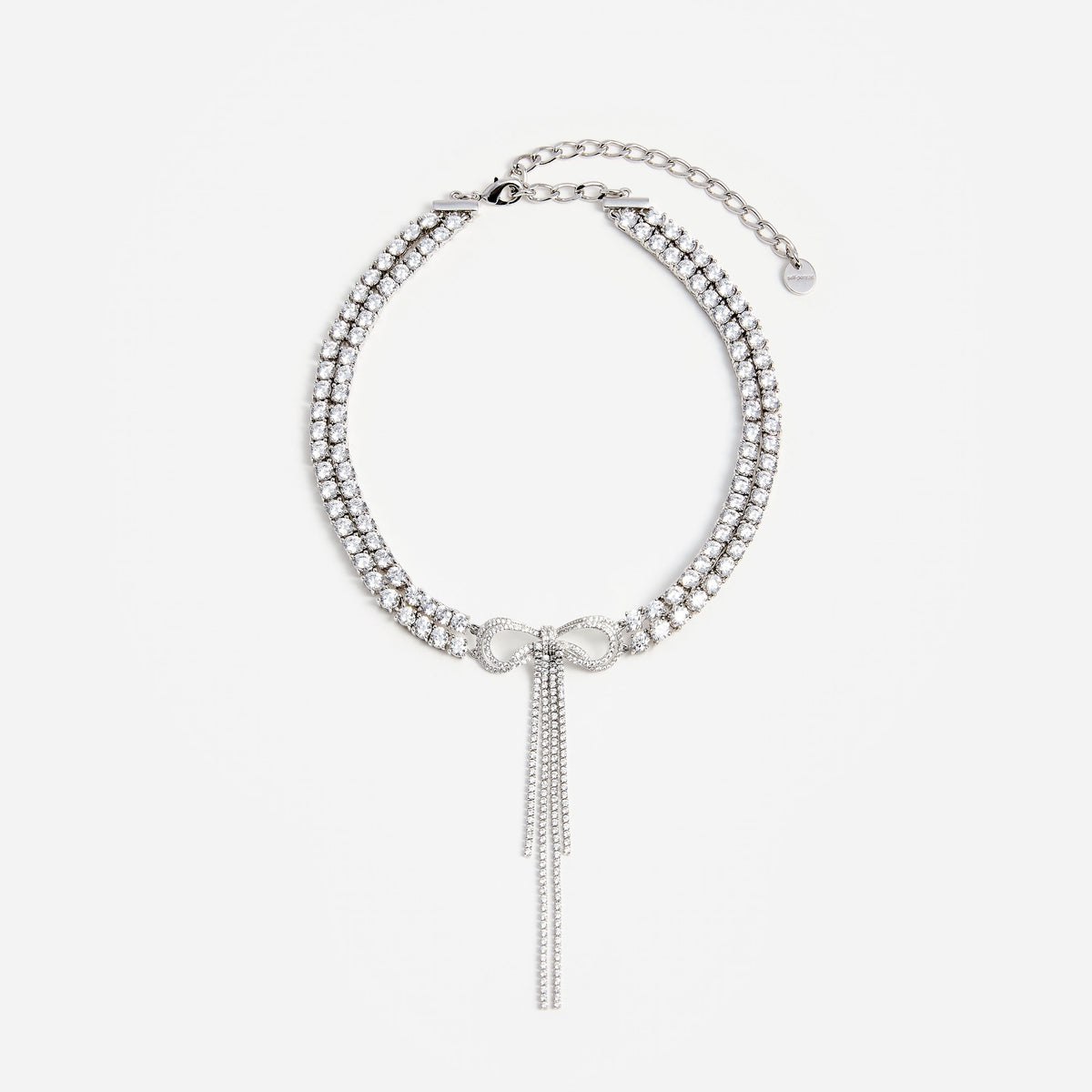 Gümüş Çift Sıra Kristal Fiyonk Detaylı Choker Kolye