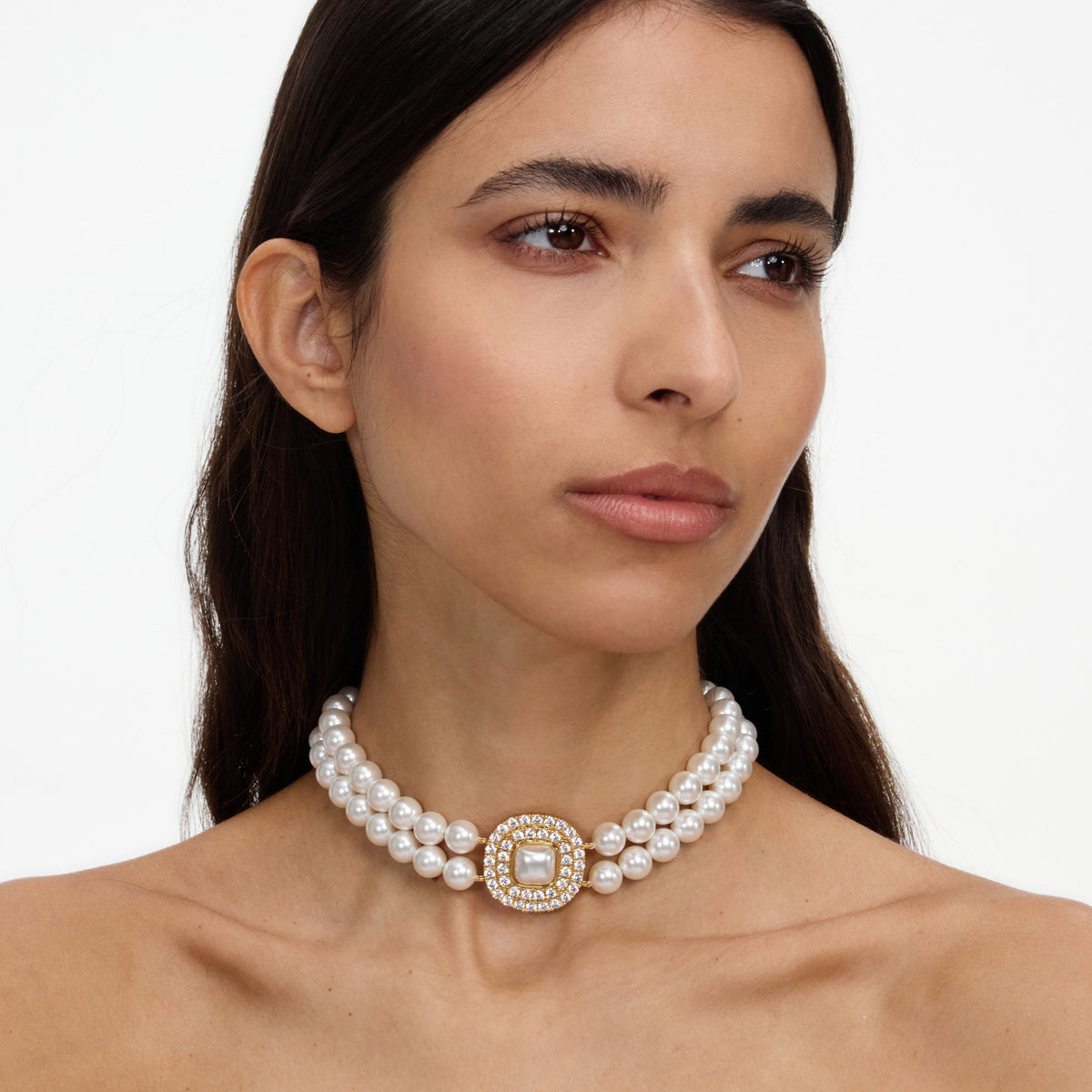 Altın Kristal ve İnci Choker Kolye