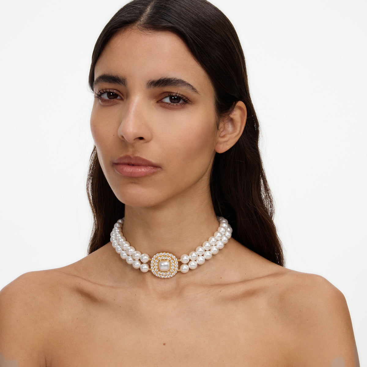Altın Kristal ve İnci Choker Kolye