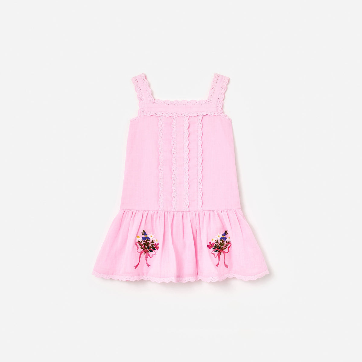 Pembe Çiçek Nakışlı Rami Çocuk Elbise