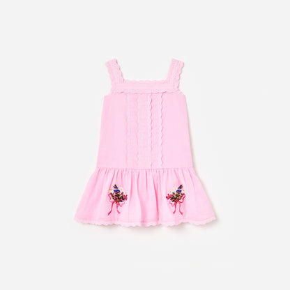 Pembe Çiçek Nakışlı Rami Çocuk Elbise