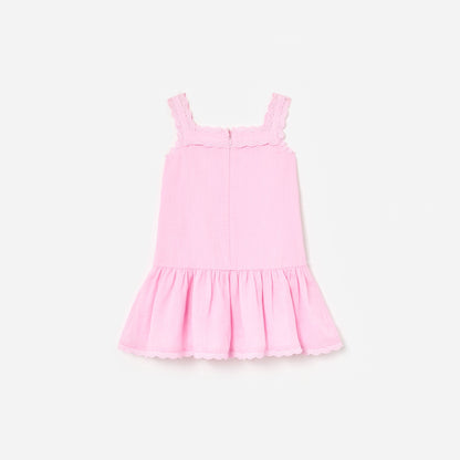 Pembe Çiçek Nakışlı Rami Çocuk Elbise