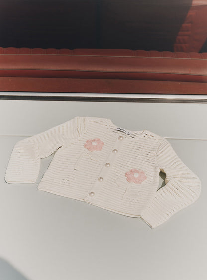 Krem Çiçek Detaylı Örme Çocuk Hırka