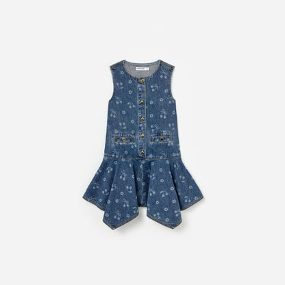 Mavi Fiyonk Baskılı Denim Çocuk Elbise