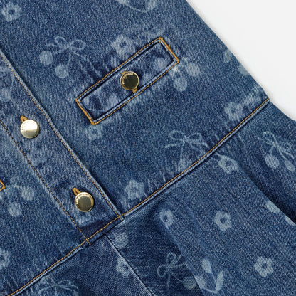 Mavi Fiyonk Baskılı Denim Çocuk Elbise