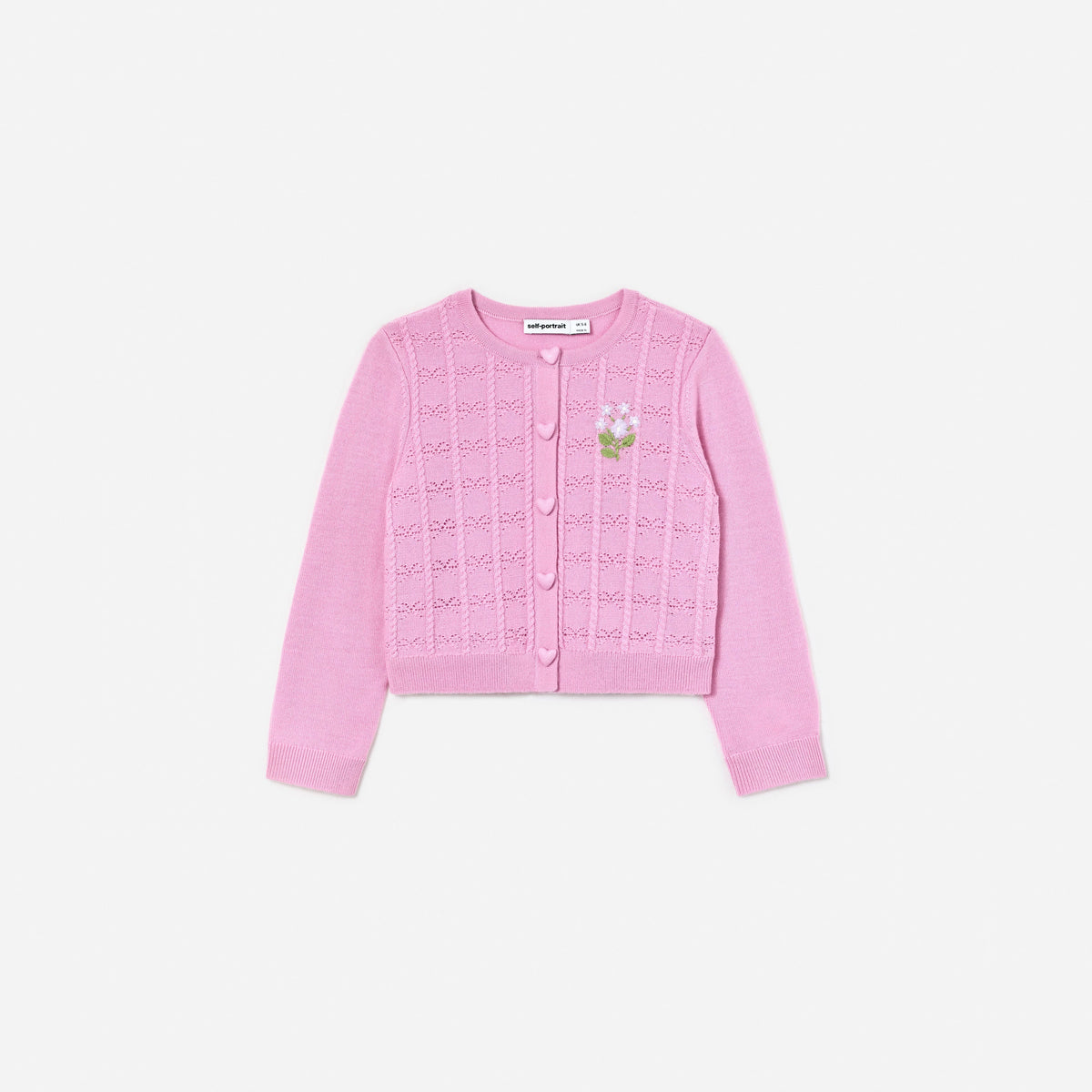 Pembe Çiçek Detaylı Ajurlu Örme Çocuk Hırka