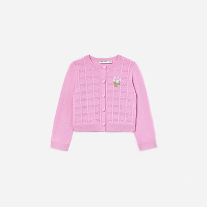 Pembe Çiçek Detaylı Ajurlu Örme Çocuk Hırka