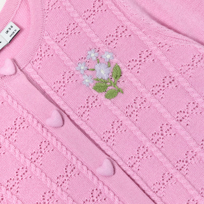 Pembe Çiçek Detaylı Ajurlu Örme Çocuk Hırka