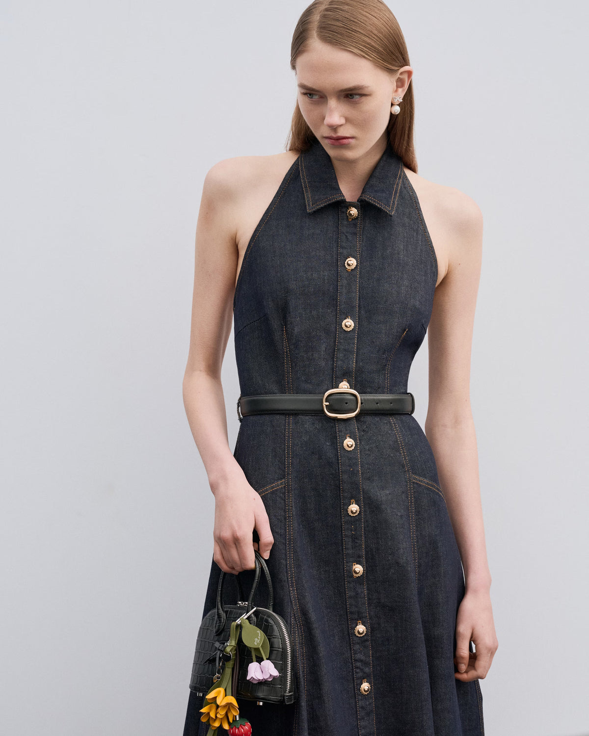 İndigo Denim Halter Yaka Midi Elbise
