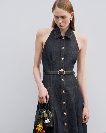 İndigo Denim Halter Yaka Midi Elbise