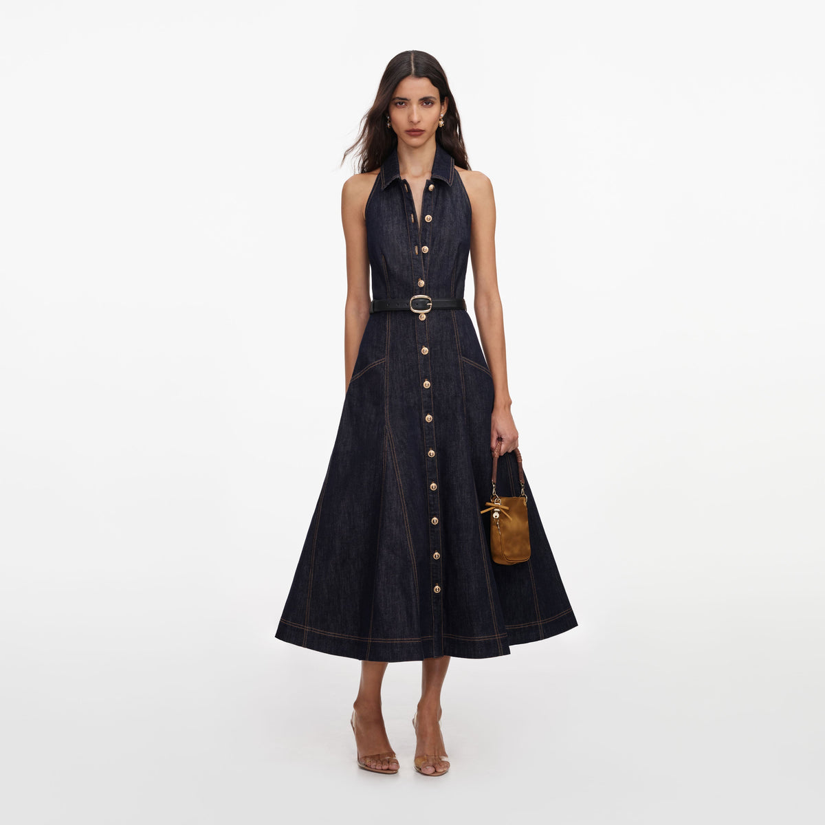 İndigo Denim Halter Yaka Midi Elbise