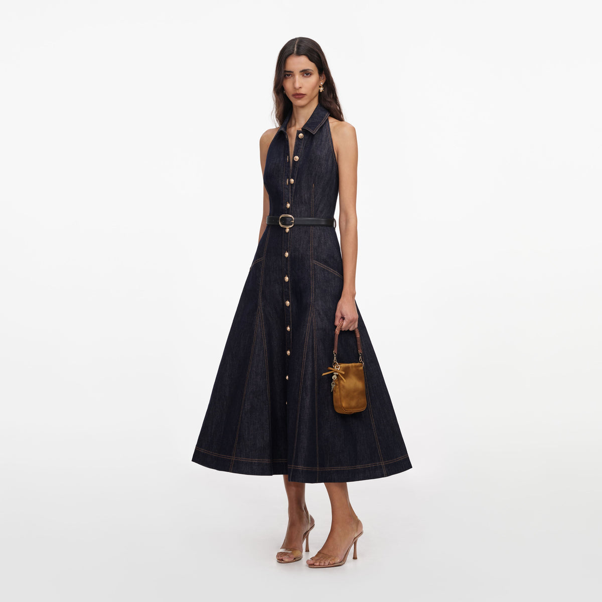 İndigo Denim Halter Yaka Midi Elbise