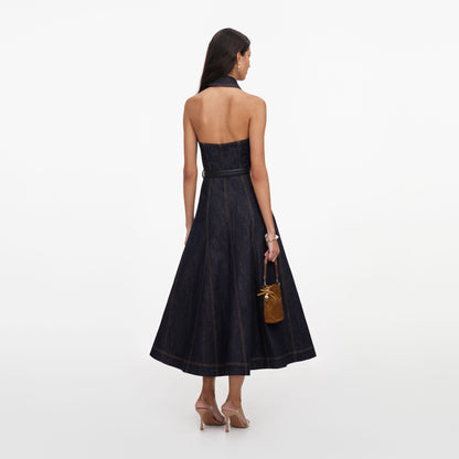 İndigo Denim Halter Yaka Midi Elbise