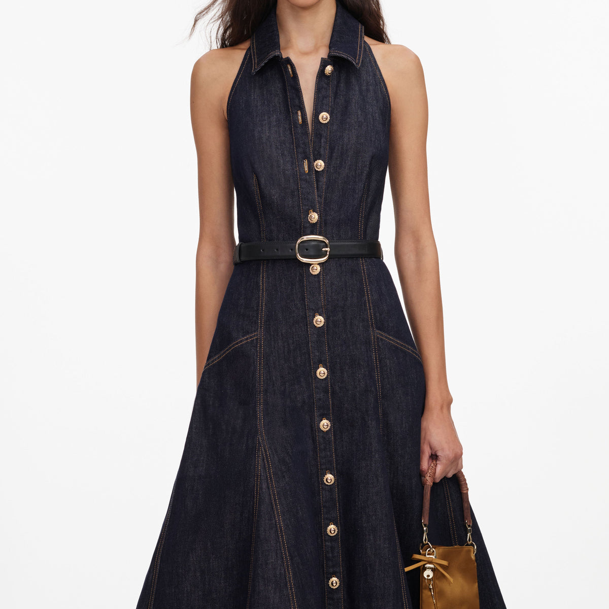 İndigo Denim Halter Yaka Midi Elbise