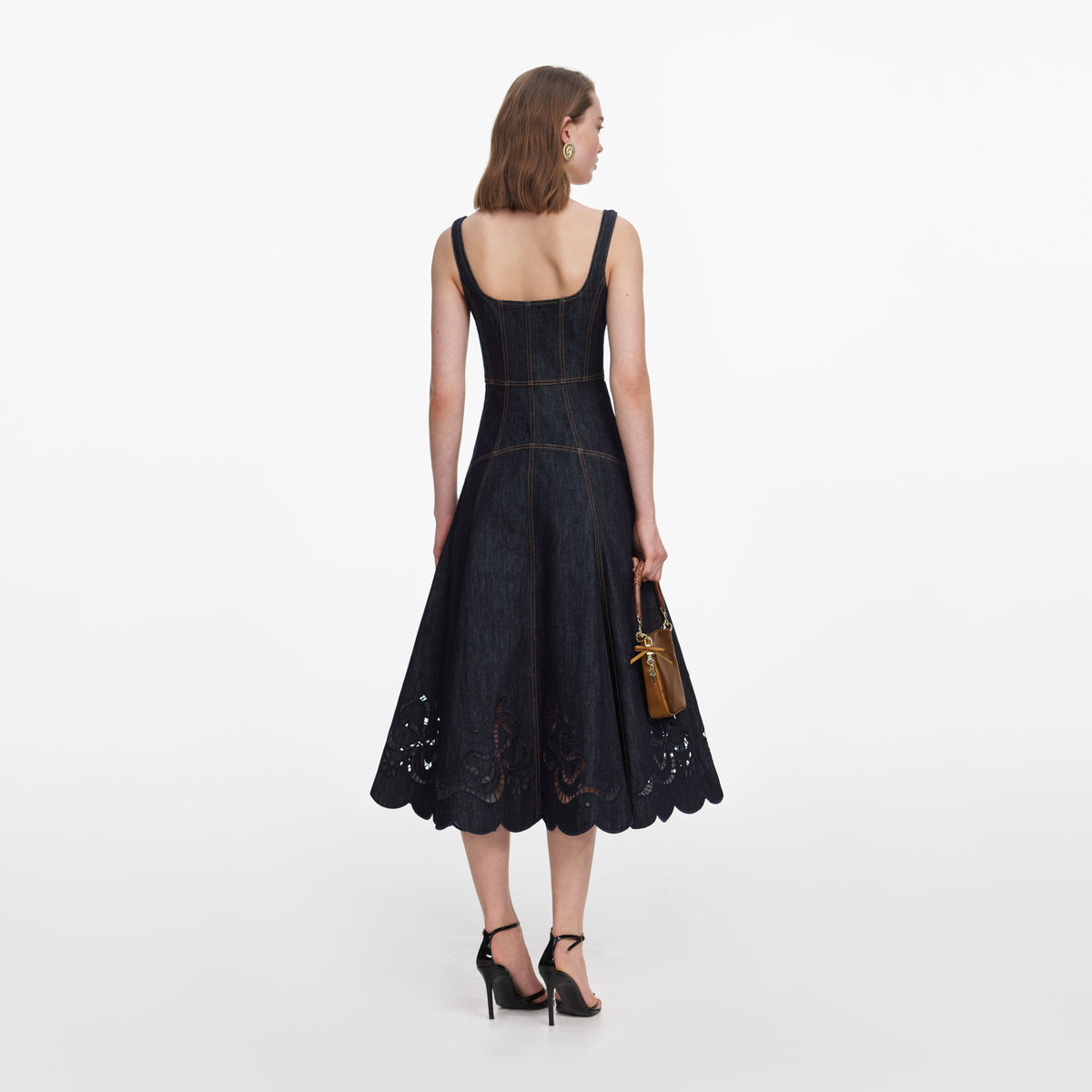 İndigo Fiyonk Nakışlı Denim Midi Elbise