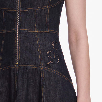 İndigo Fiyonk Nakışlı Denim Midi Elbise