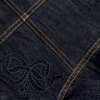 İndigo Fiyonk Nakışlı Denim Midi Elbise
