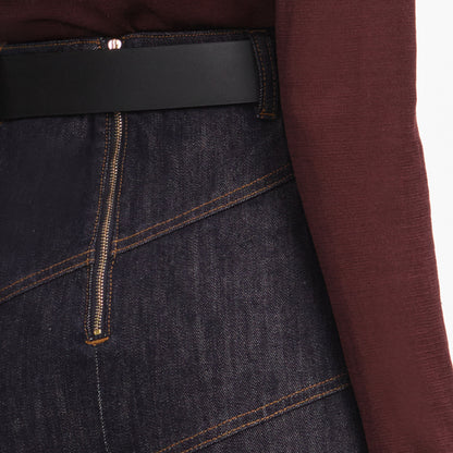 İndigo Kemer Detaylı Denim Midi Etek