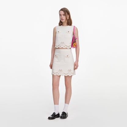 Krem Broderie Denim Mini Etek
