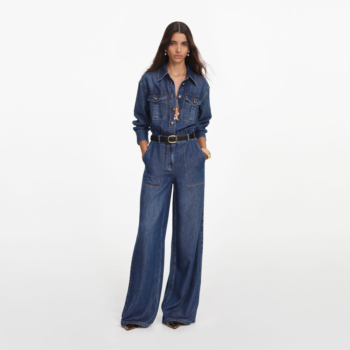 Mavi Kemer Detaylı Denim Tulum
