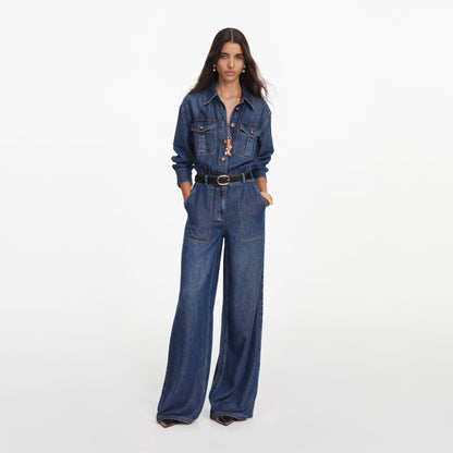 Mavi Kemer Detaylı Denim Tulum