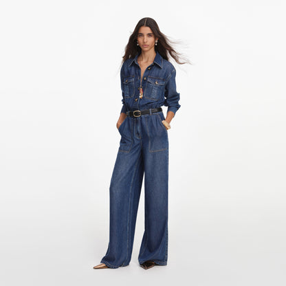 Mavi Kemer Detaylı Denim Tulum