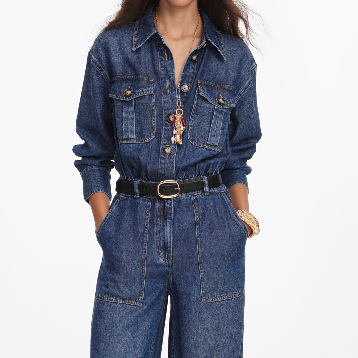 Mavi Kemer Detaylı Denim Tulum