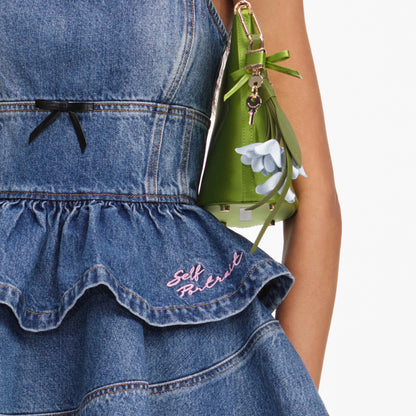 Mavi Fiyonk Detaylı Kloş Peplum Mini Denim Elbise