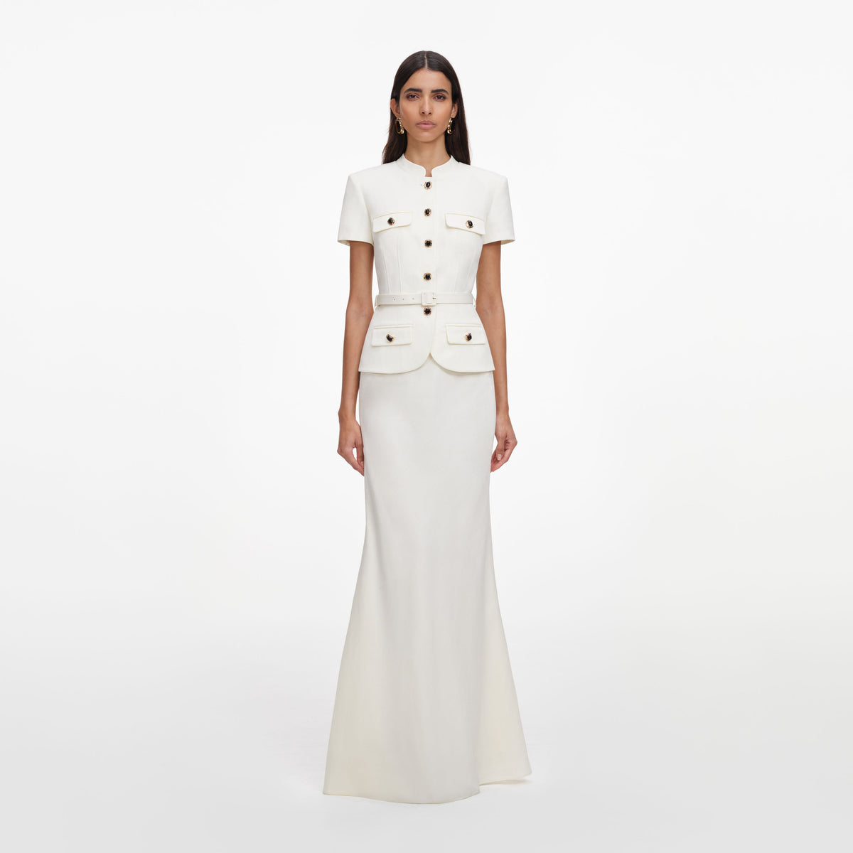 Krem Keten Karışımlı Peplum Maksi Elbise