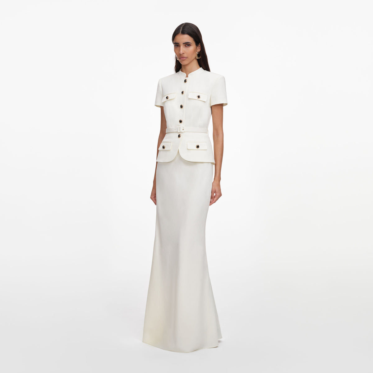 Krem Keten Karışımlı Peplum Maksi Elbise
