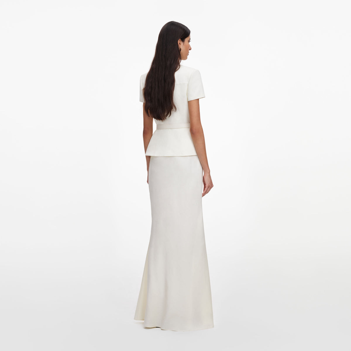 Krem Keten Karışımlı Peplum Maksi Elbise