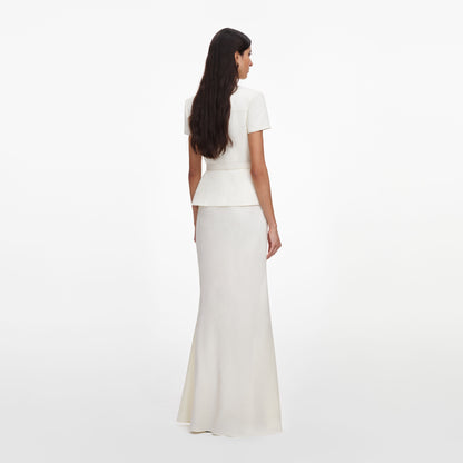 Krem Keten Karışımlı Peplum Maksi Elbise