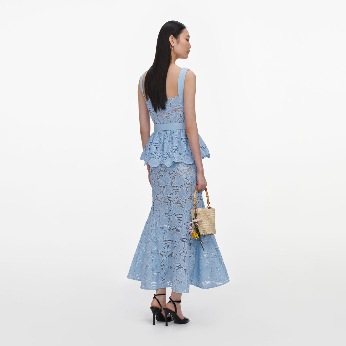 Mavi Dantel ve Peplum Detaylı Midi Elbise
