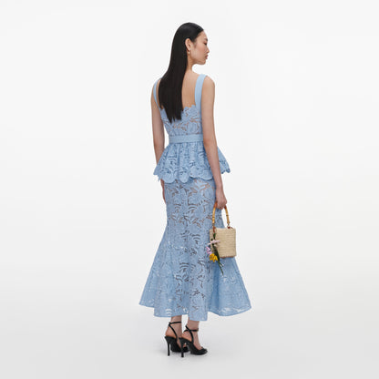 Mavi Dantel ve Peplum Detaylı Midi Elbise
