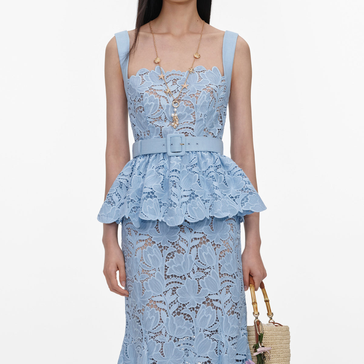 Mavi Dantel ve Peplum Detaylı Midi Elbise