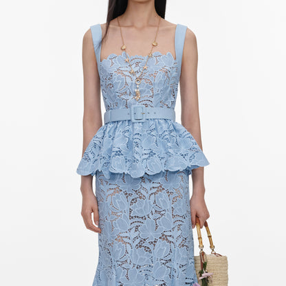 Mavi Dantel ve Peplum Detaylı Midi Elbise