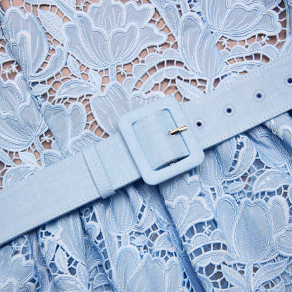 Mavi Dantel ve Peplum Detaylı Midi Elbise