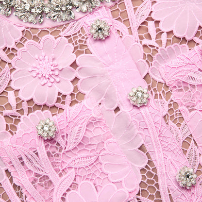 Pembe Dantel Kristal Detaylı Midi Elbise