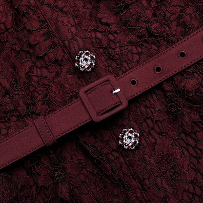 Bordo Dantel Detaylı Tafta Midi Elbise
