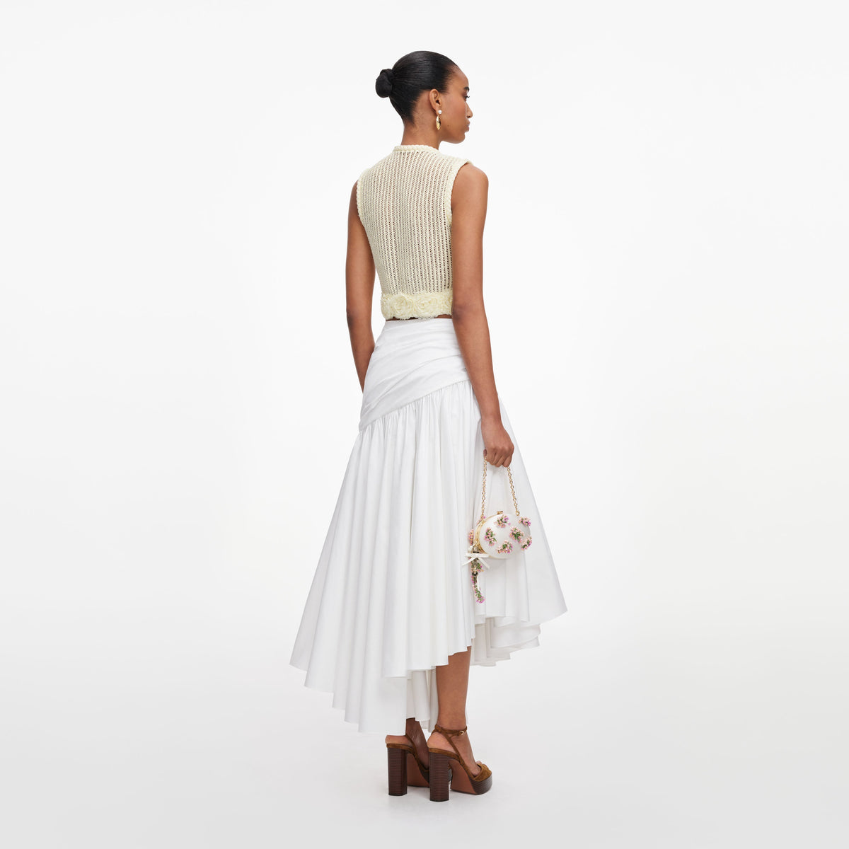 Sarı Çiçek ve Tığ İşi Detaylı Triko Crop Top