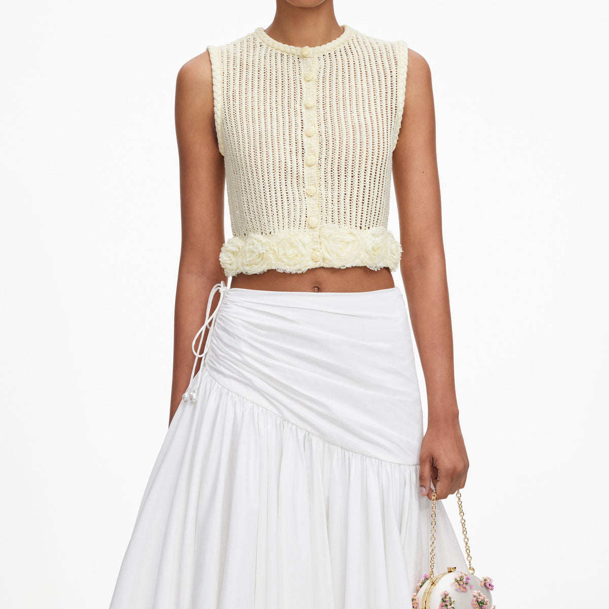 Sarı Çiçek ve Tığ İşi Detaylı Triko Crop Top