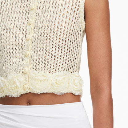Sarı Çiçek ve Tığ İşi Detaylı Triko Crop Top