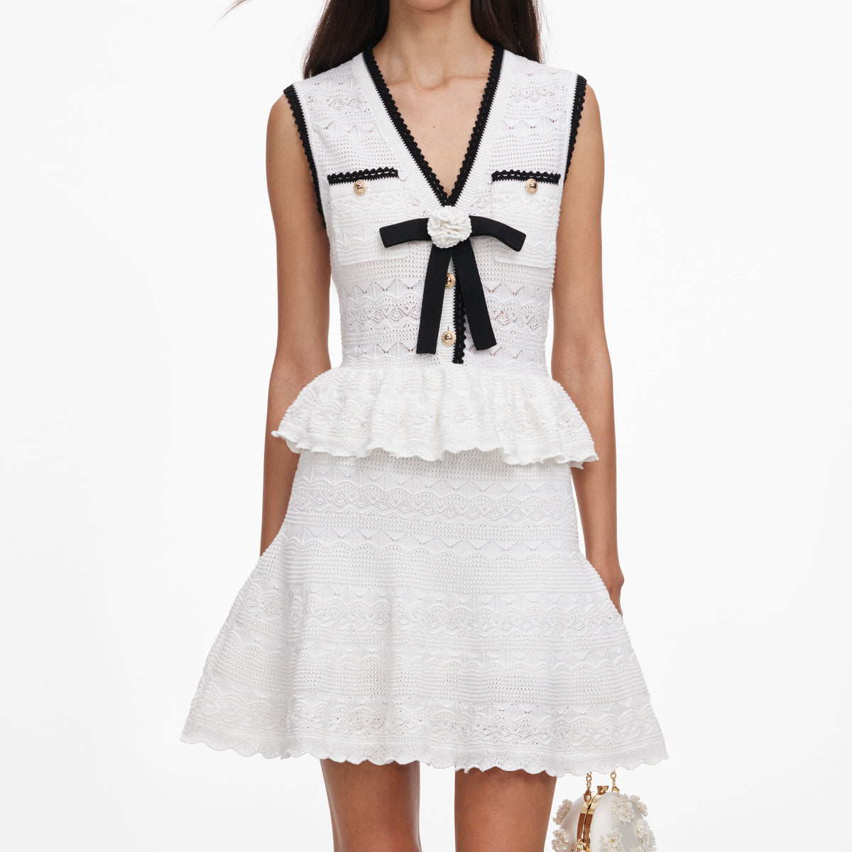Beyaz Peplum ve Ajurlu Triko Mini Elbise