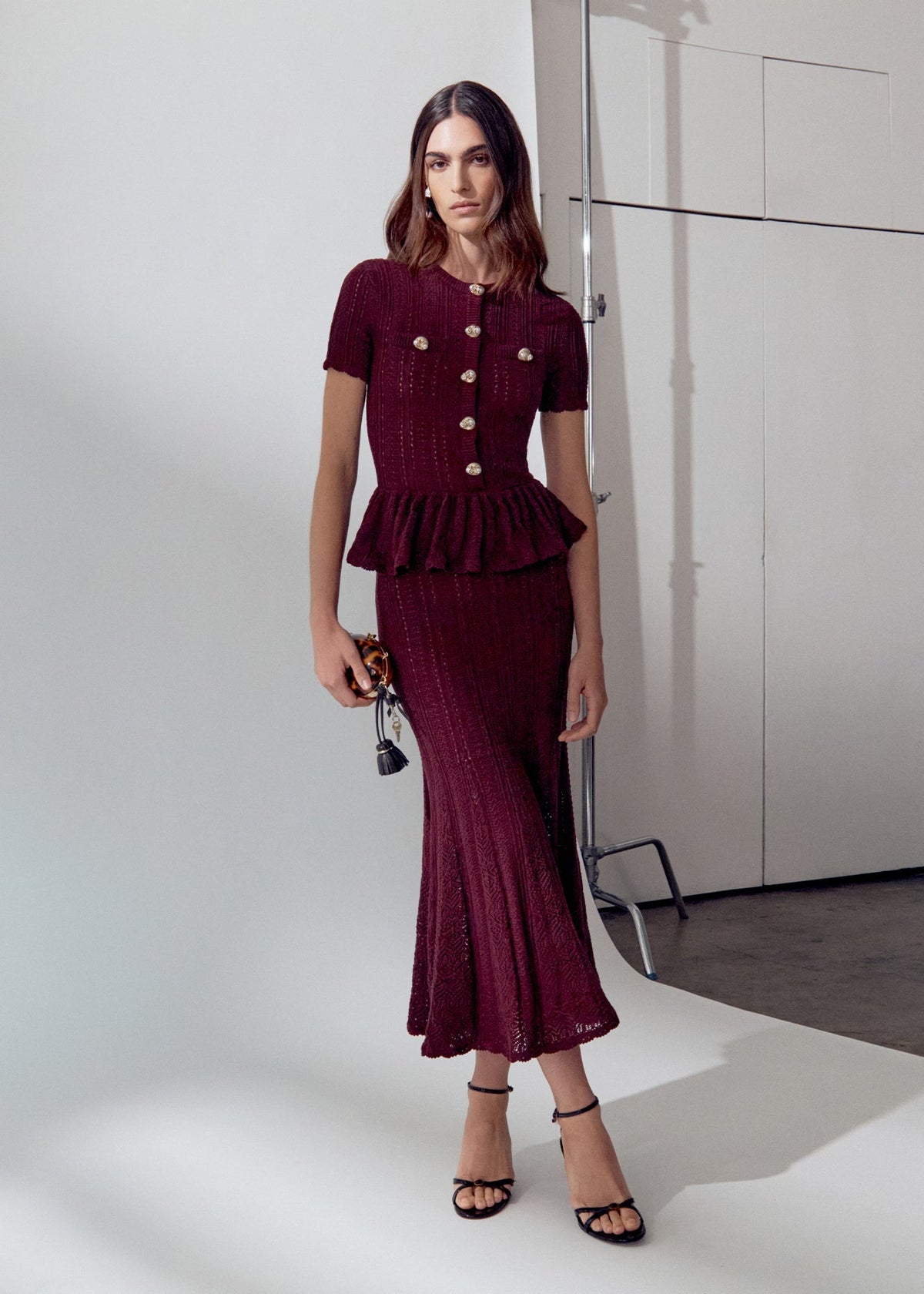 Bordo Ajurlu Peplum Detaylı Triko Midi Elbise