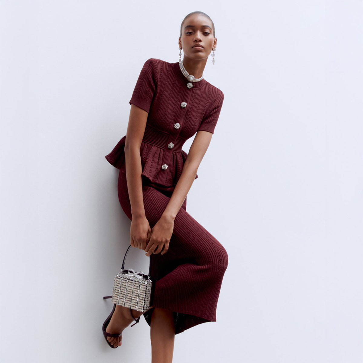 Bordo Ajurlu Örgü Peplum Detaylı Midi Elbise